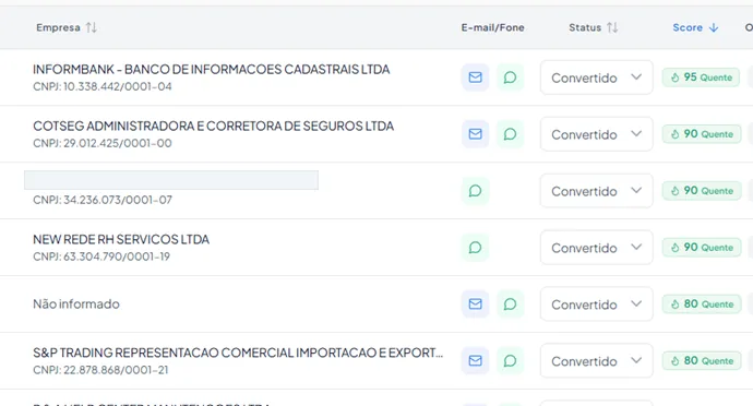 Gerador de leads B2B na LeadCNPJ — empresas geradas a partir de filtros, com setor, porte, telefone e situação cadastral, prontas para o CRM.