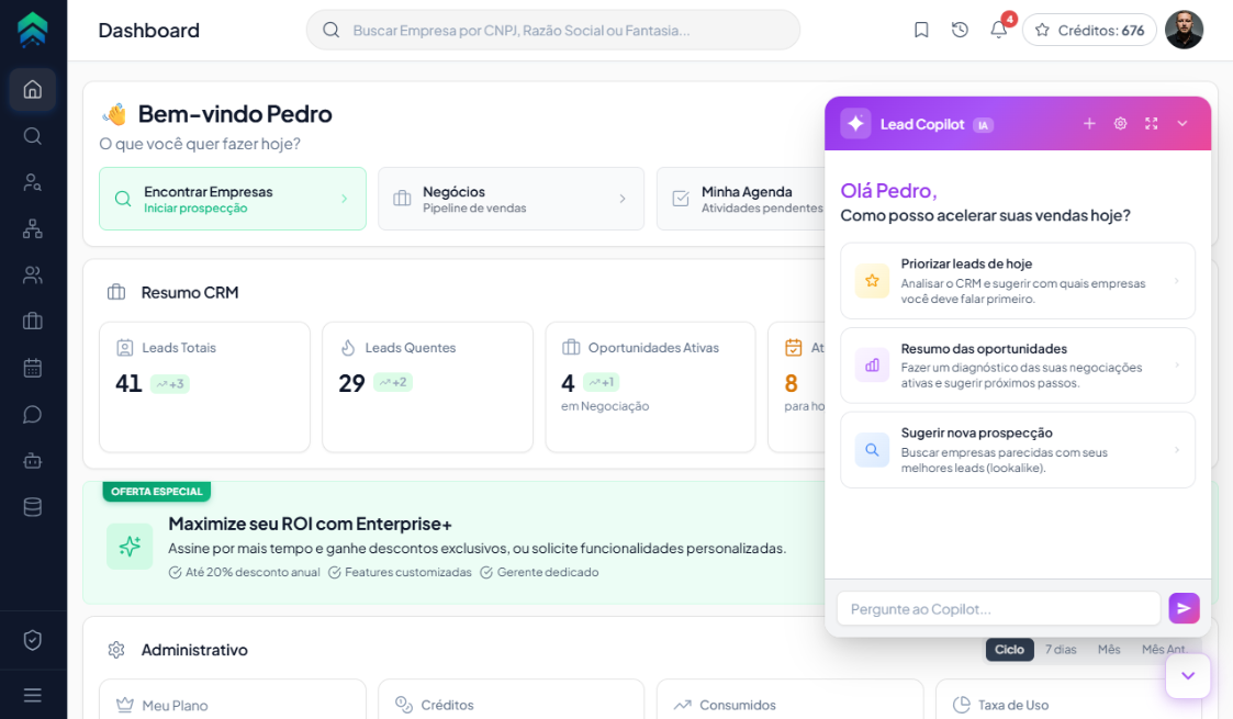 Visão geral do painel do LeadCNPJ, mostrando o CRM B2B integrado com o assistente de inteligência artificial Lead Copilot em funcionamento.