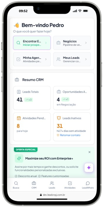 App mobile do LeadCNPJ com dashboard, CRM Kanban e atividades — plataforma de prospecção B2B para equipes comerciais no Brasil.