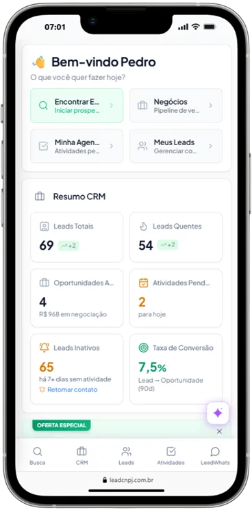 Plataforma all-in-one de prospecção B2B no celular — busca de empresas, CRM e WhatsApp do LeadCNPJ numa só tela.