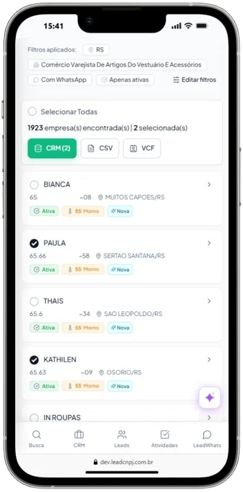 Busca de leads B2B no celular — 67M empresas da Receita Federal filtradas por CNAE, porte e região no LeadCNPJ.