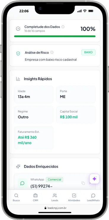 Consulta de CNPJ no celular — situação cadastral, CNAE, endereço e quadro de sócios (QSA) de uma empresa, direto da Receita Federal na LeadCNPJ.
