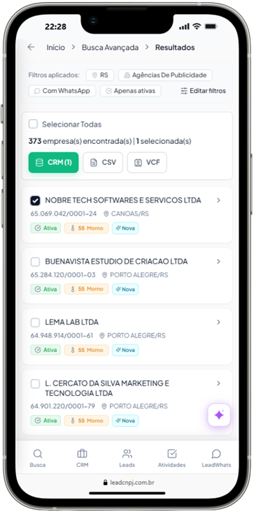 Lista de empresas por CNAE e cidade no celular — prospecção de lojistas para representante comercial na LeadCNPJ.